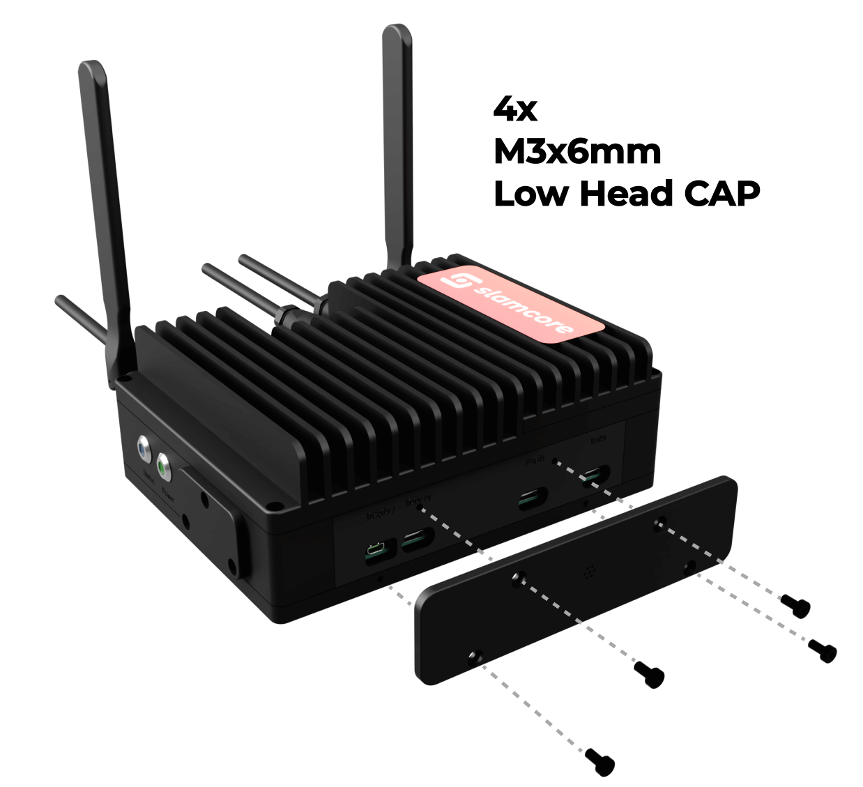 To access interfaces on the E face, remove the four screws indicated to remove the IP65 rated port cover