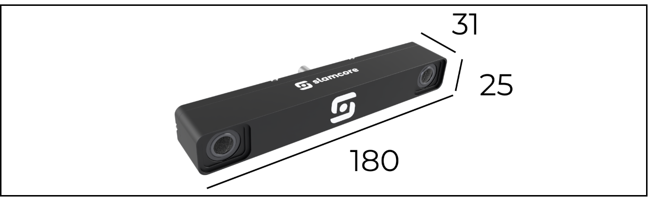 Slamcore Aware sensor unit. Dimensions shown are in mm