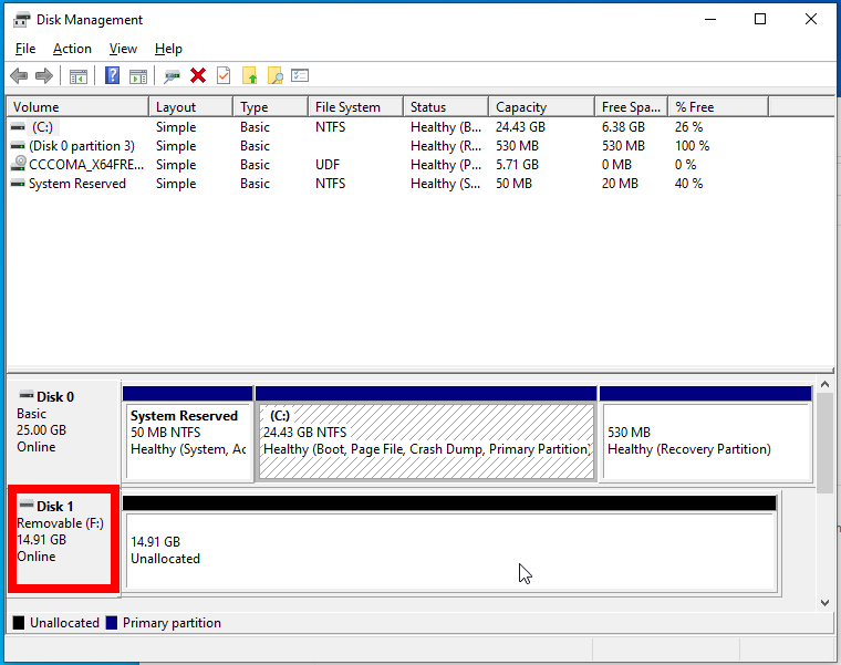 Disk management tool interface.
