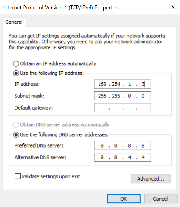 Windows Manual IPv4 Settings