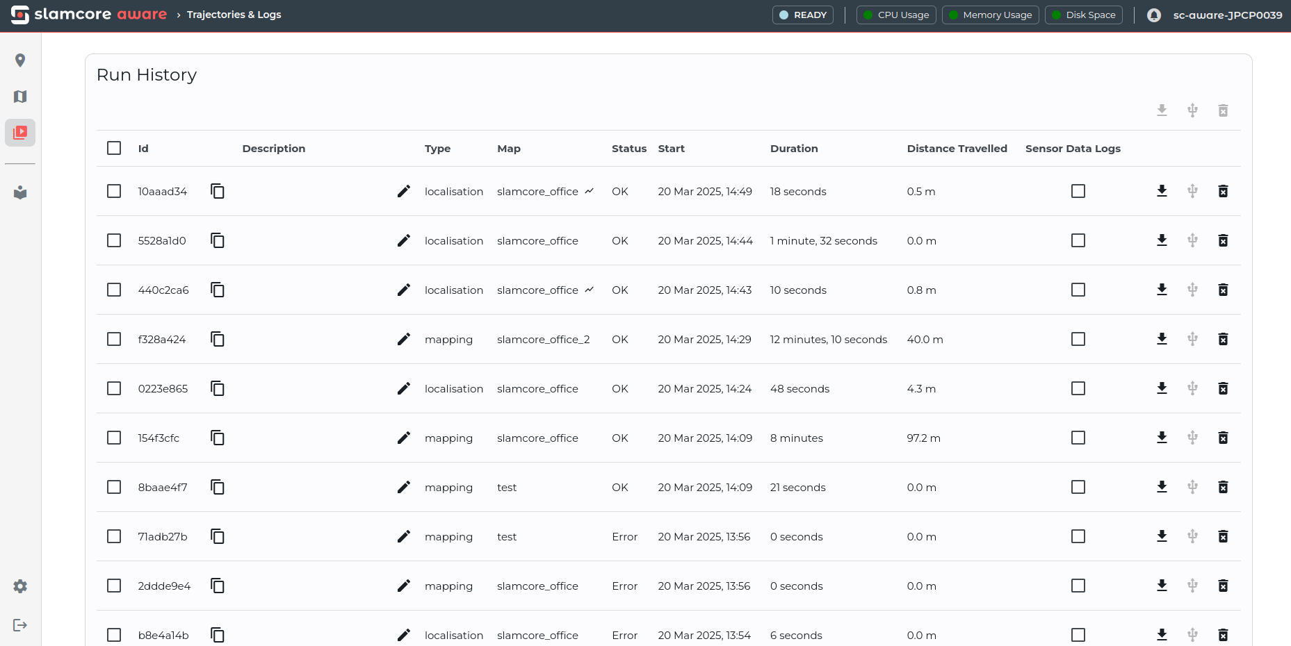 Trajectories & Logs Page